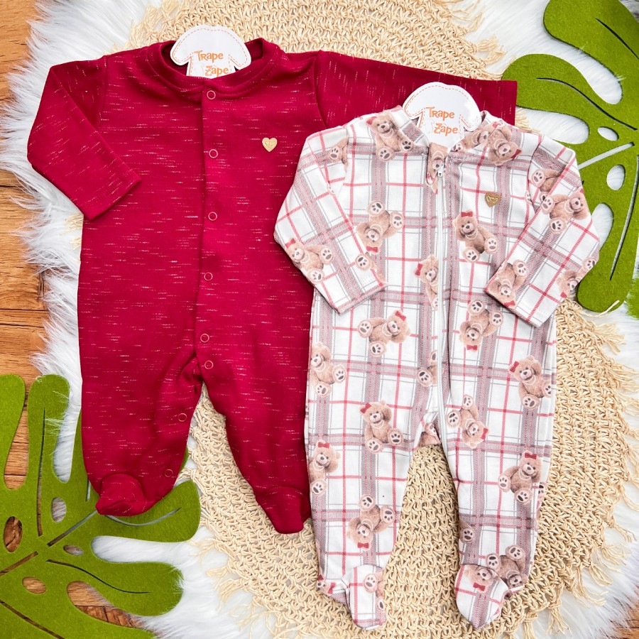Kit 2 Macacões de Malha - Abertura Botão e Zíper - Ursinhas - Vermelho e Xadrez